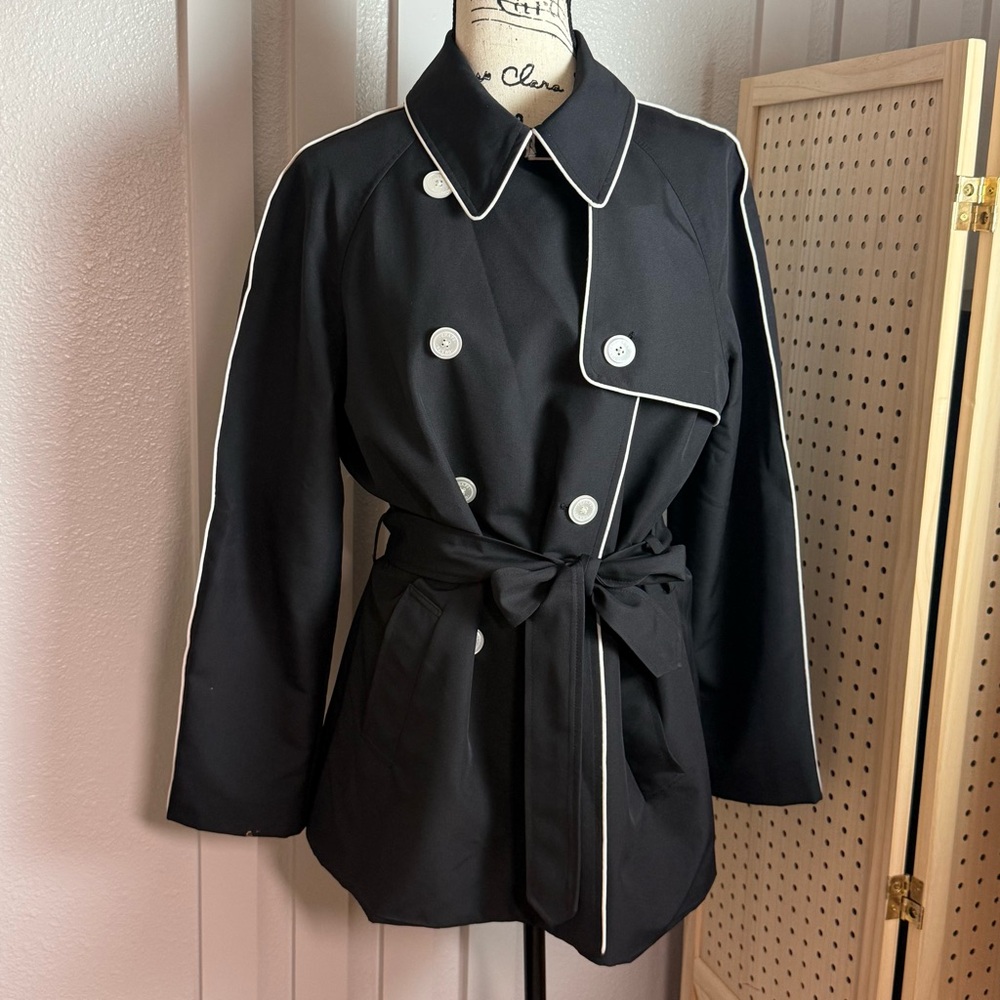 Chaps Ralph Lauren Black Trench Coat White Piping Belted Double Breasted L - Picture 2 of 10